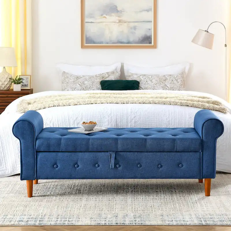 62 Bedroom Tufted Button Storage Bench, Modern Fabric Upholstered Ottoman, Window Bench, Rolled Arm Design