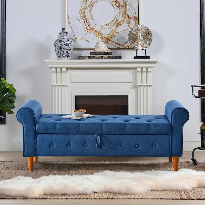 62 Bedroom Tufted Button Storage Bench, Modern Fabric Upholstered Ottoman, Window Bench, Rolled Arm Design