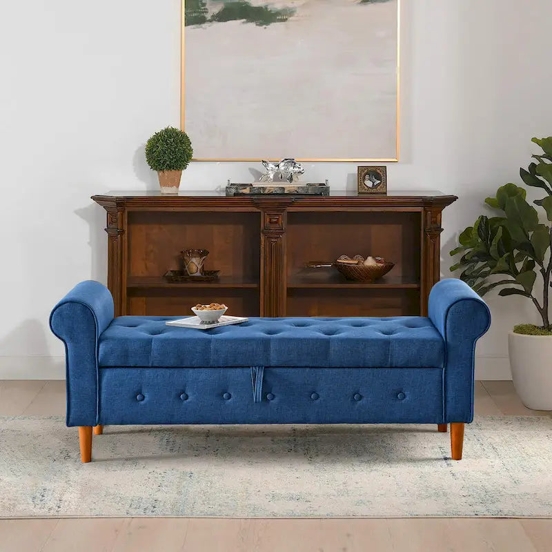 62 Bedroom Tufted Button Storage Bench, Modern Fabric Upholstered Ottoman, Window Bench, Rolled Arm Design