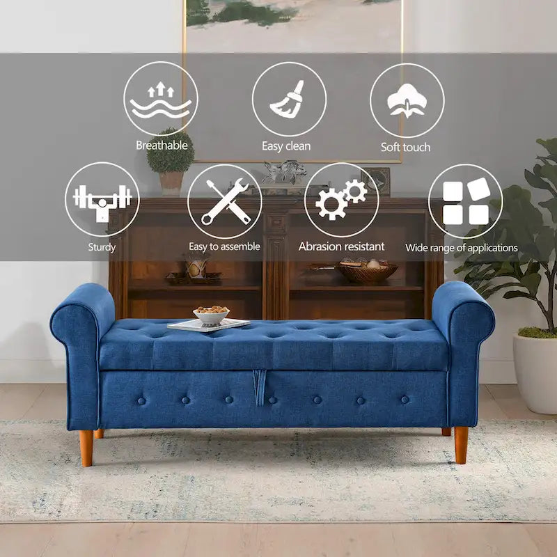 62 Bedroom Tufted Button Storage Bench, Modern Fabric Upholstered Ottoman, Window Bench, Rolled Arm Design