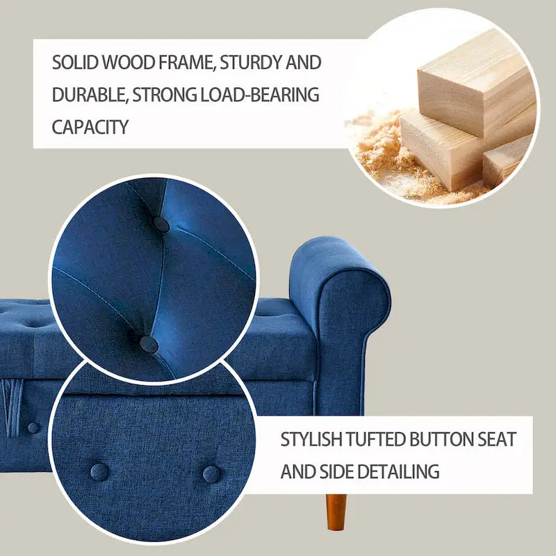 62 Bedroom Tufted Button Storage Bench, Modern Fabric Upholstered Ottoman, Window Bench, Rolled Arm Design