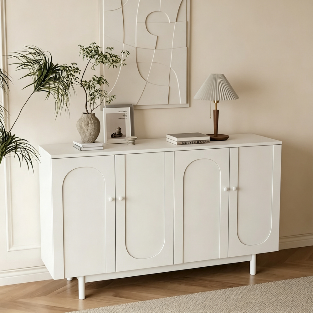 4-Door Intaglio Storage Cabinet with Pine Legs and Solid Wood Pulls
