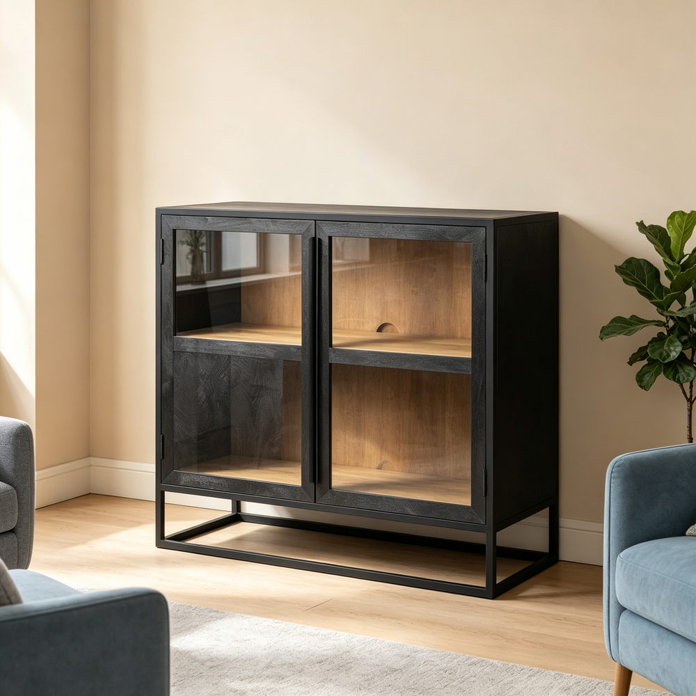 Dark Brown Solid Wood Accent Cabinet with Black Metal Frame