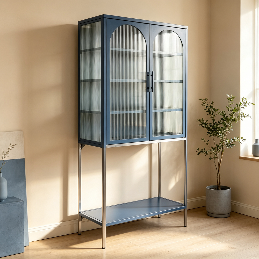 Elegant Floor Cabinet with 2 Glass Arched Doors