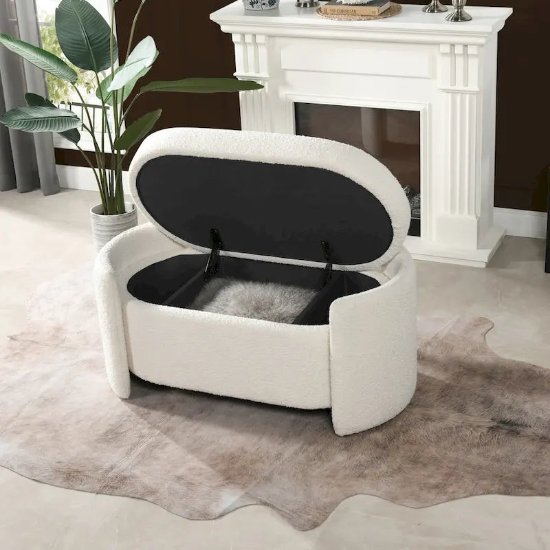 Ivory White Boucle Sherpa Upholstered Oval Storage Bench - 43W x 21D x 18.5H