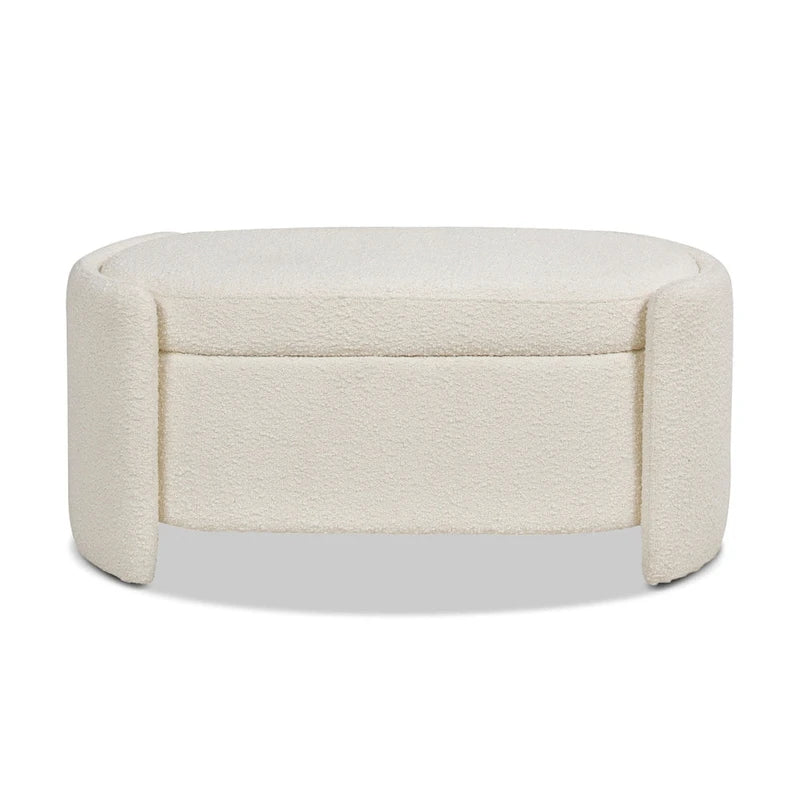 Ivory White Boucle Sherpa Upholstered Oval Storage Bench - 43W x 21D x 18.5H