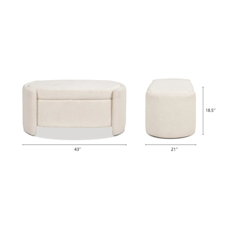 Ivory White Boucle Sherpa Upholstered Oval Storage Bench - 43W x 21D x 18.5H