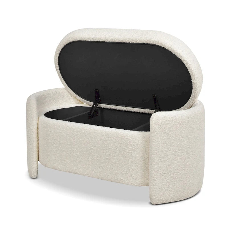 Ivory White Boucle Sherpa Upholstered Oval Storage Bench - 43W x 21D x 18.5H