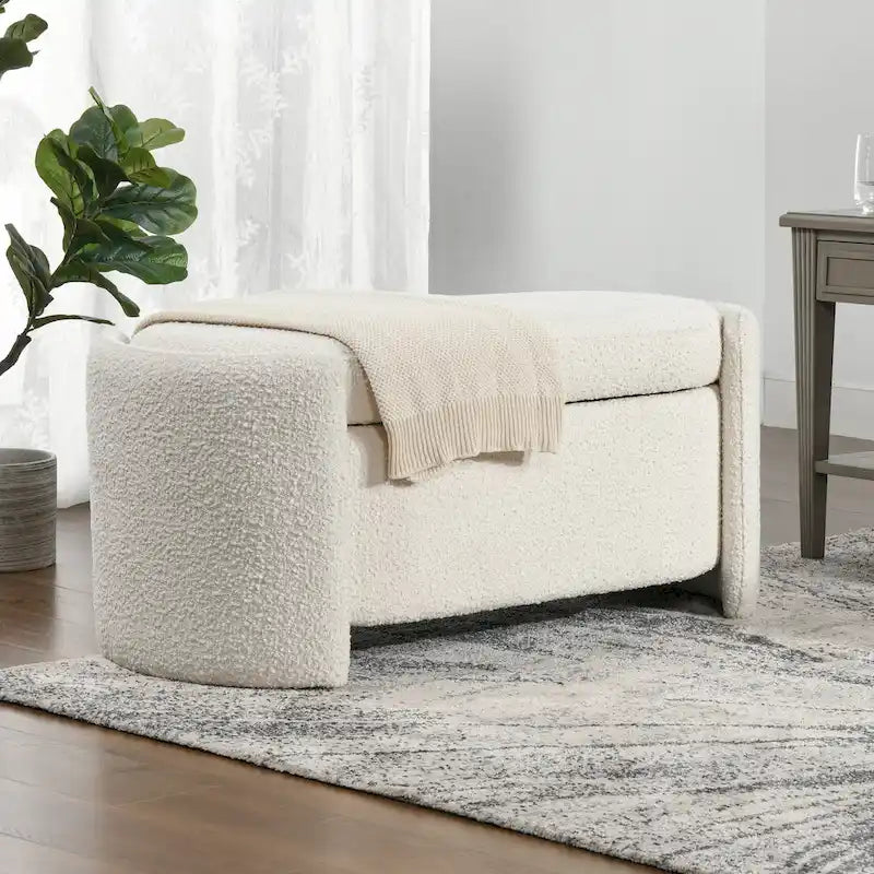 Ivory White Boucle Sherpa Upholstered Oval Storage Bench - 43W x 21D x 18.5H