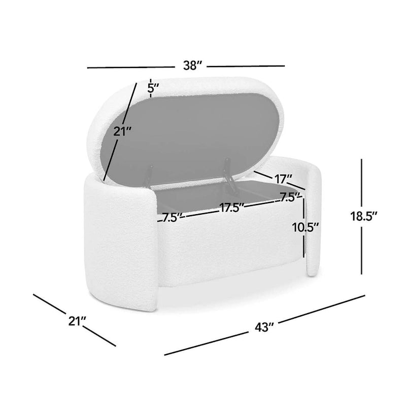 Ivory White Boucle Sherpa Upholstered Oval Storage Bench - 43W x 21D x 18.5H