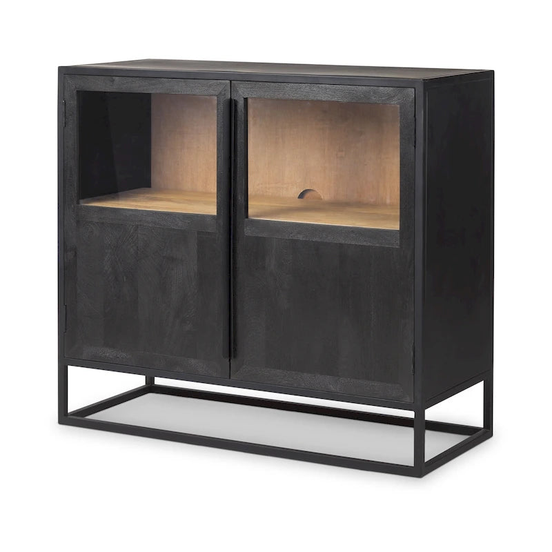 Dark Brown Solid Wood Accent Cabinet with Black Metal Frame