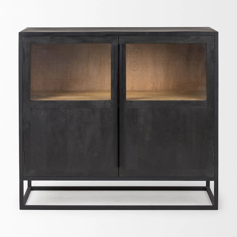 Dark Brown Solid Wood Accent Cabinet with Black Metal Frame