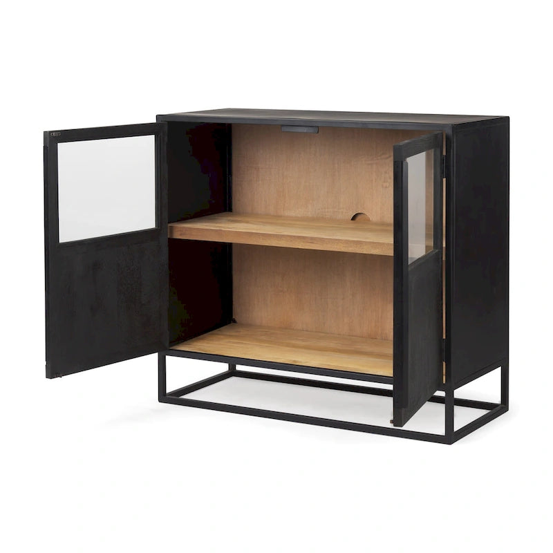 Dark Brown Solid Wood Accent Cabinet with Black Metal Frame