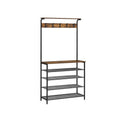 Rustic Brown Black Industrial Hall Tree with Coat Hooks 5-Tier Shoe Rack and Storage Shelves 31.5 Inch