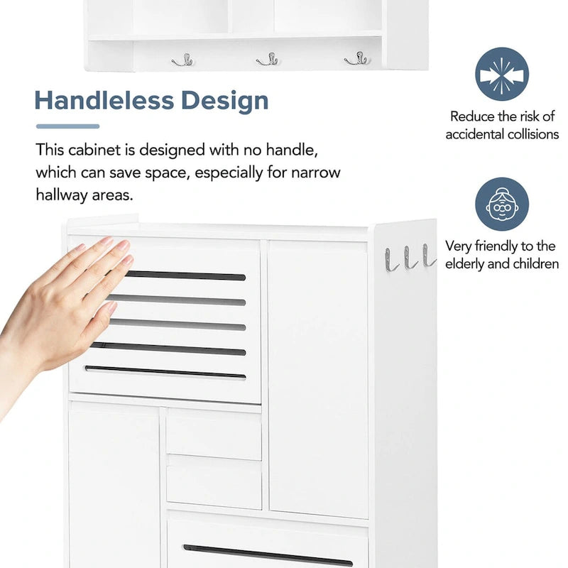 Multi-Functional Shoe Cabinet with Wall Cabinet, Space-saving Design Side Cabinet with 2 Flip Drawers and Hanging Hooks