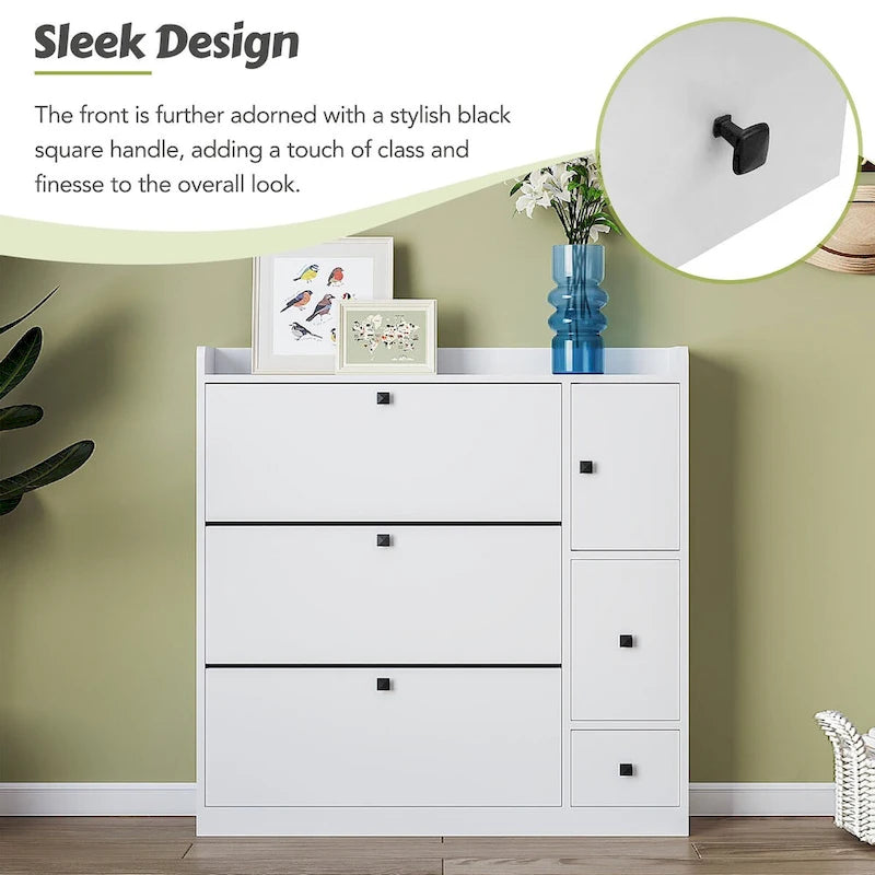 Versatile Shoe Cabinet with 3 Flip Drawers and Pull-down Seat