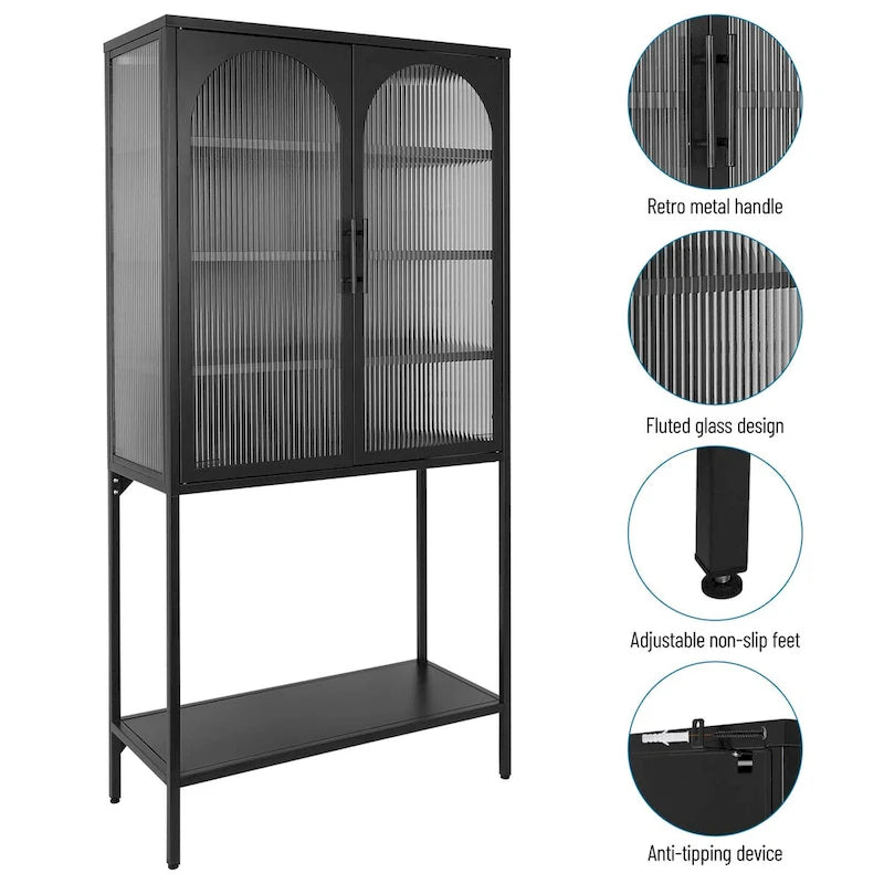 Elegant Floor Cabinet with 2 Glass Arched Doors Living Room Display Cabinet with Adjustable Shelves Anti-Tip Dust-free