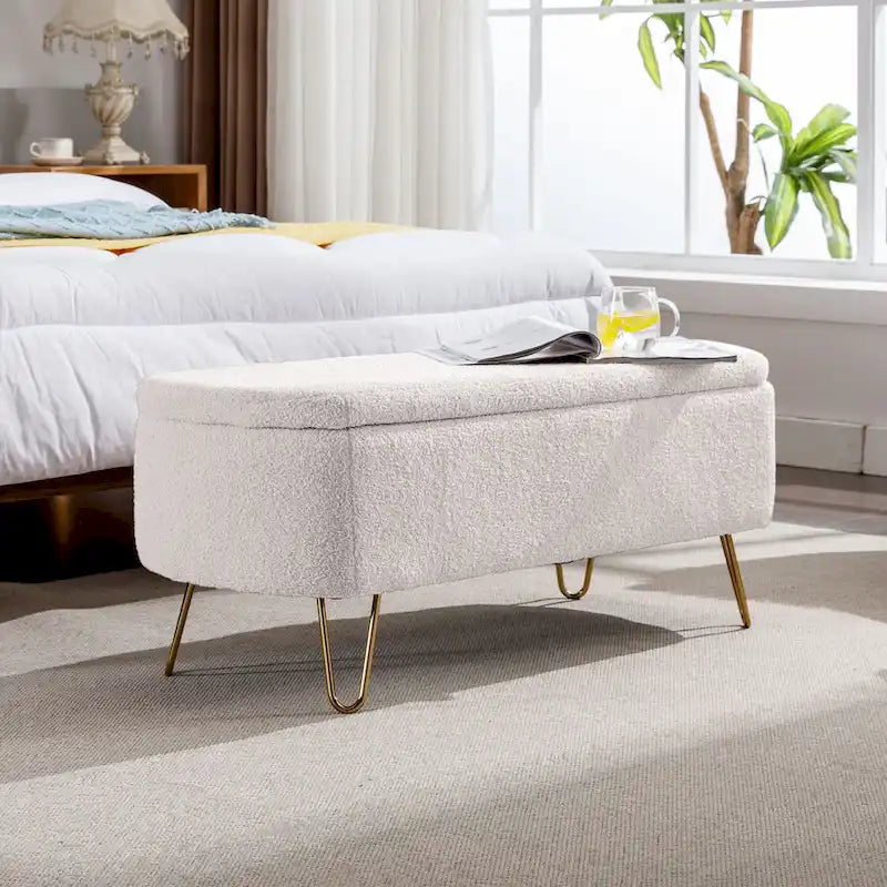 Upholster Storage Ottoman Bench with Faux Fur - 39.37L x 15.75W x 15.5H