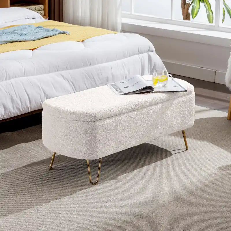 Upholster Storage Ottoman Bench with Faux Fur - 39.37L x 15.75W x 15.5H
