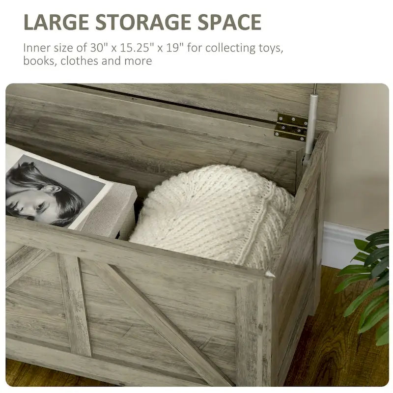 30 Farmhouse Storage Chest, Lift Top Box Organizer with Safety Hinge to Open Up 150 for Bedroom, Entryway, Gray
