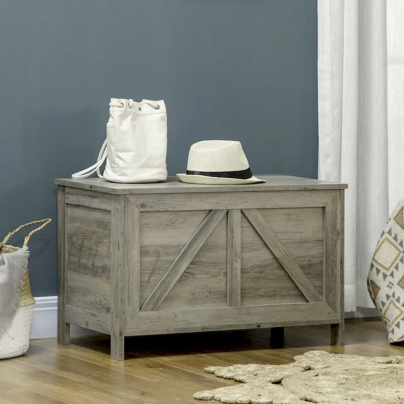 30 Farmhouse Storage Chest, Lift Top Box Organizer with Safety Hinge to Open Up 150 for Bedroom, Entryway, Gray