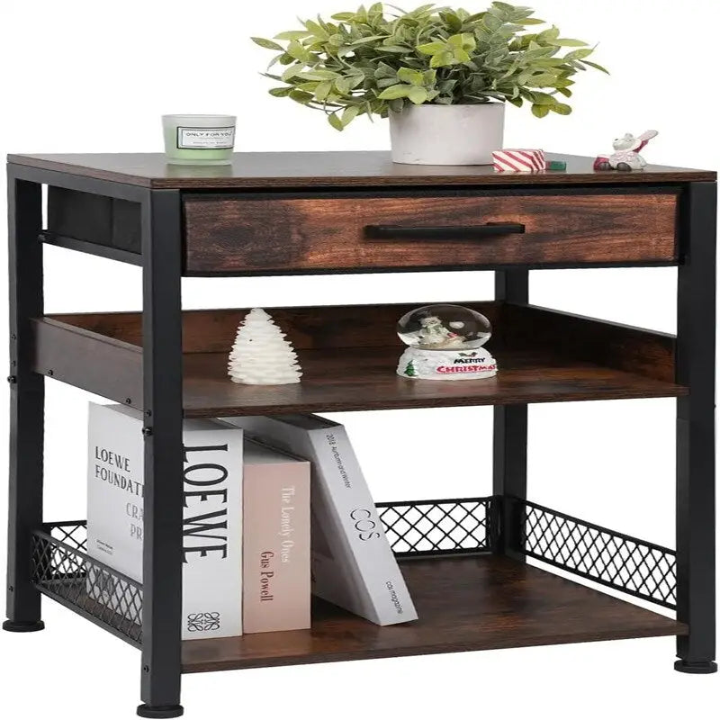 Brown Nightstand Printer Table with Drawers - 11.81D x 15.75W x 25.79H