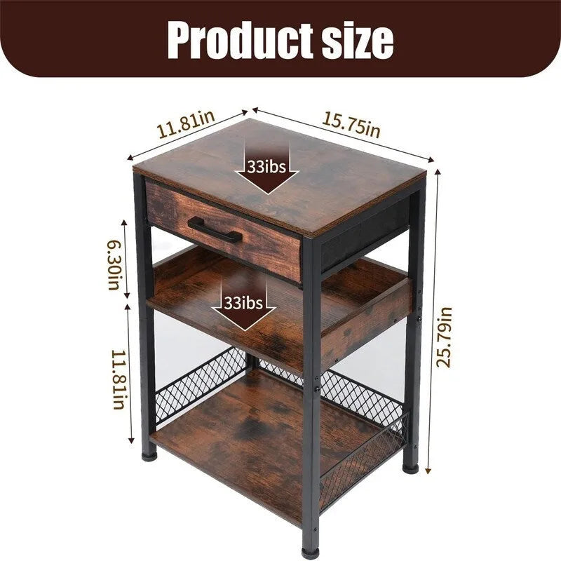 Brown Nightstand Printer Table with Drawers - 11.81D x 15.75W x 25.79H