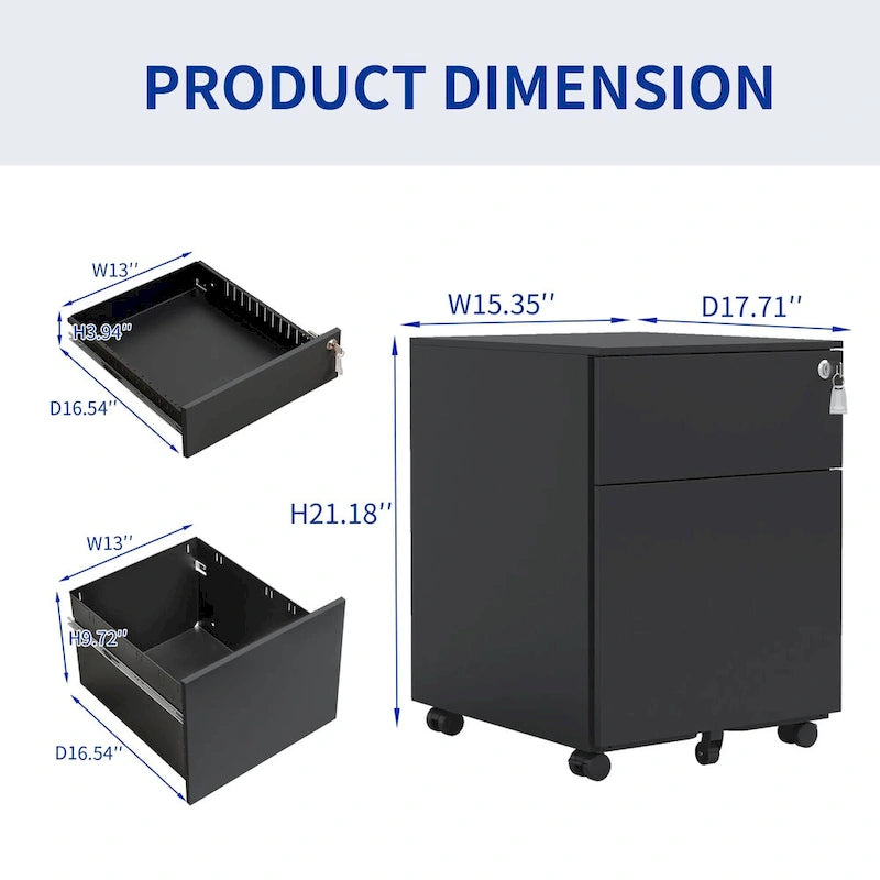2 Drawer Mobile File Cabinet with Lock Steel File Cabinet for Legal/Letter/A4/F4 Size, Fully Assembled Include Wheels