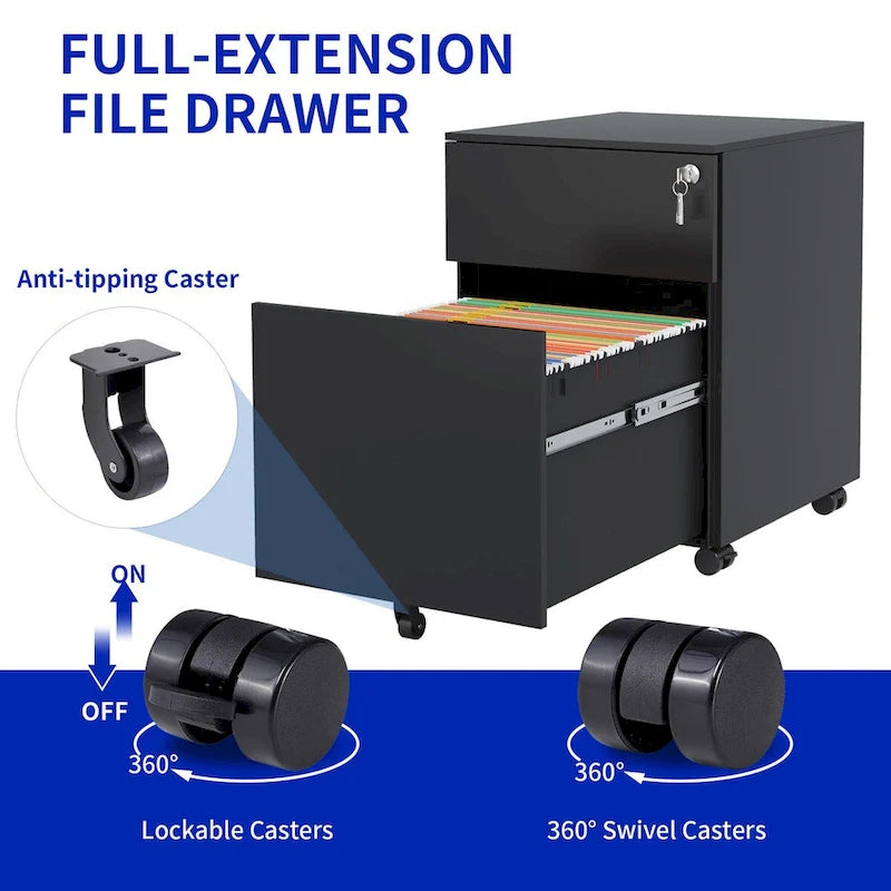 2 Drawer Mobile File Cabinet with Lock Steel File Cabinet for Legal/Letter/A4/F4 Size, Fully Assembled Include Wheels