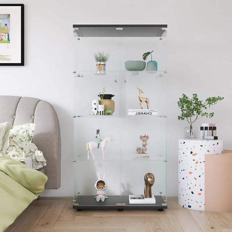 Floor Standing Two-door Glass Display Cabinet 4 Shelves with Door