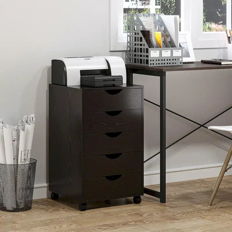 5-Drawer File Cabinet Storage Organizer with Wheels, Brown