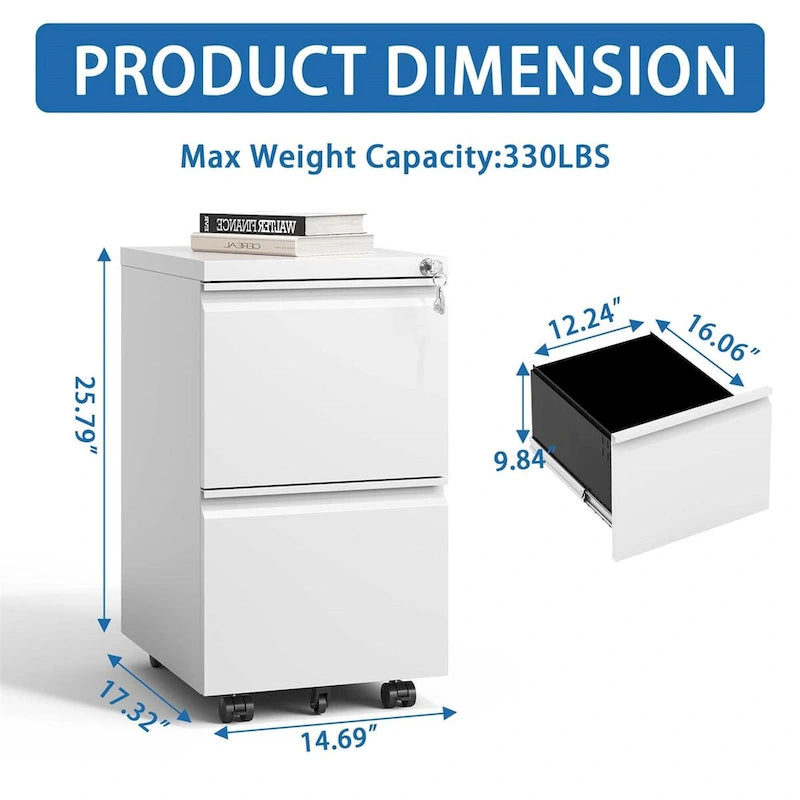2 Drawer Metal Mobile File Cabinet,Rolling File Cabinet with Lock