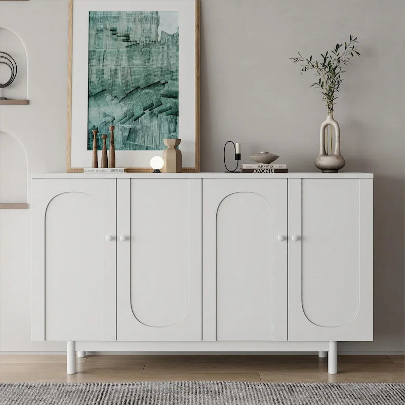 4-Door Intaglio Storage Cabinet with Pine Legs and Solid Wood Pulls