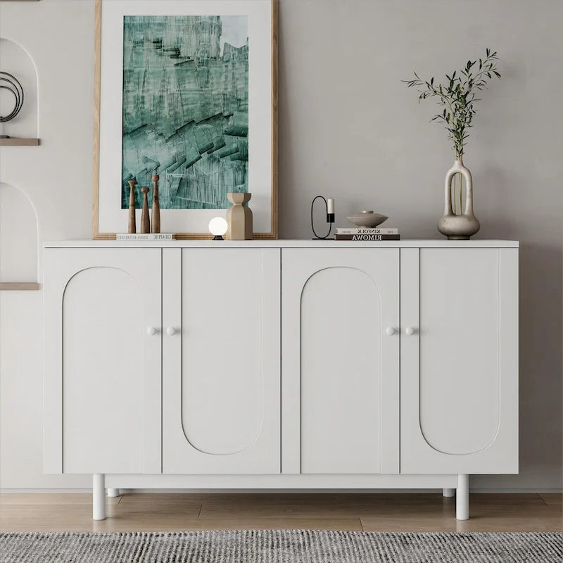 Roomfitters 4-Door Intaglio Storage Cabinet with Pine Legs, Solid Wood Pulls, and MDF, Stylish and Functional for Living Room