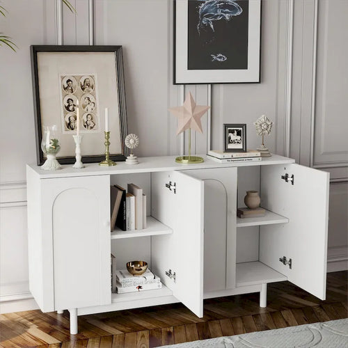 4-Door Intaglio Storage Cabinet with Pine Legs and Solid Wood Pulls