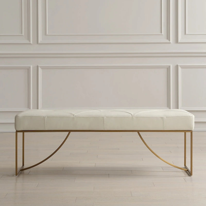 Ivory Leather Bench with Brushed Brass Stainless Steel Base - 19H x 53W x 16D