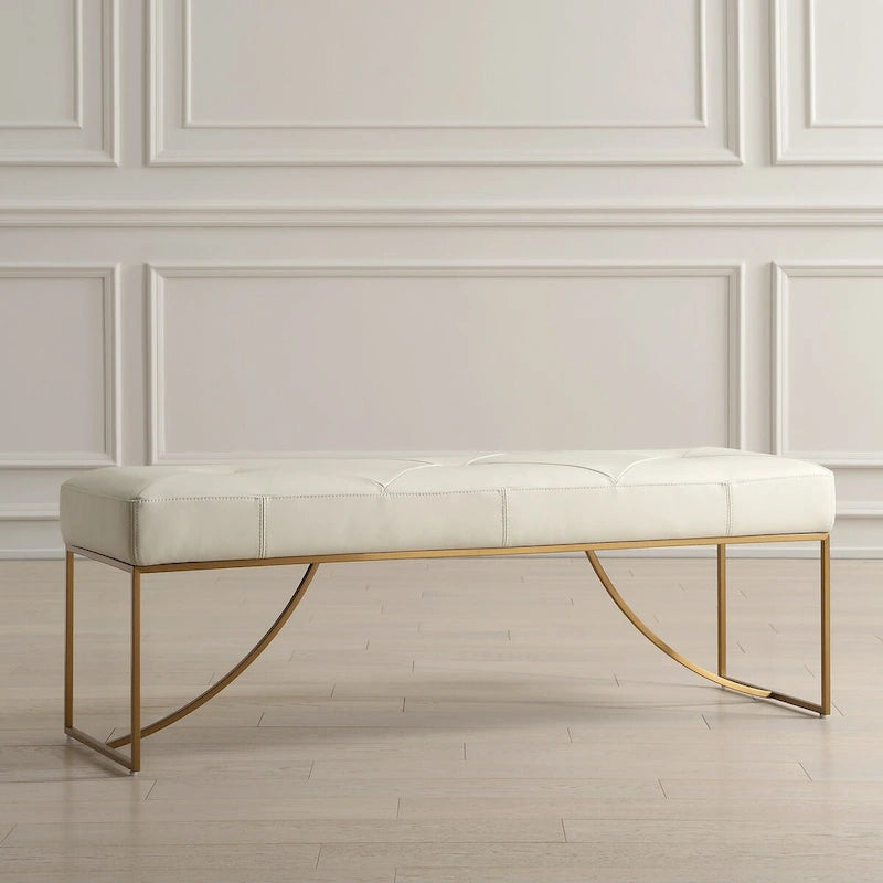 Ivory Leather Bench with Brushed Brass Stainless Steel Base - 19H x 53W x 16D
